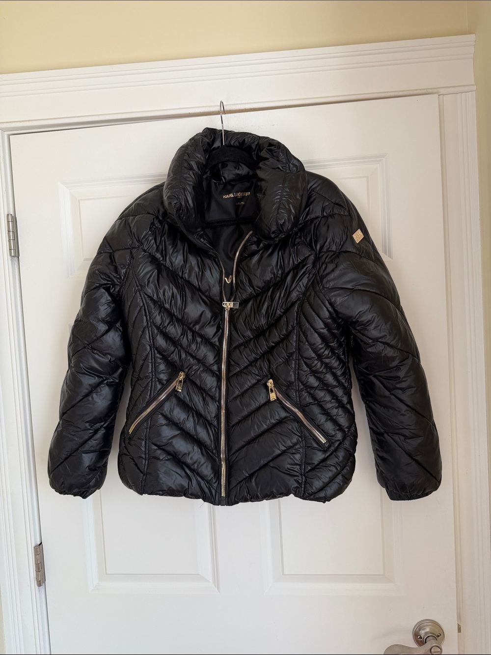Karl Lagerfeld Black Quilted Puffer Jacket with Gold Zippers